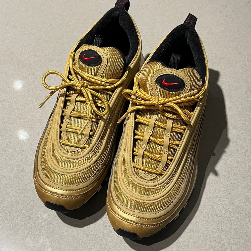 Nike Air Max  97  Metallic Gold Sneakers with Red Accent